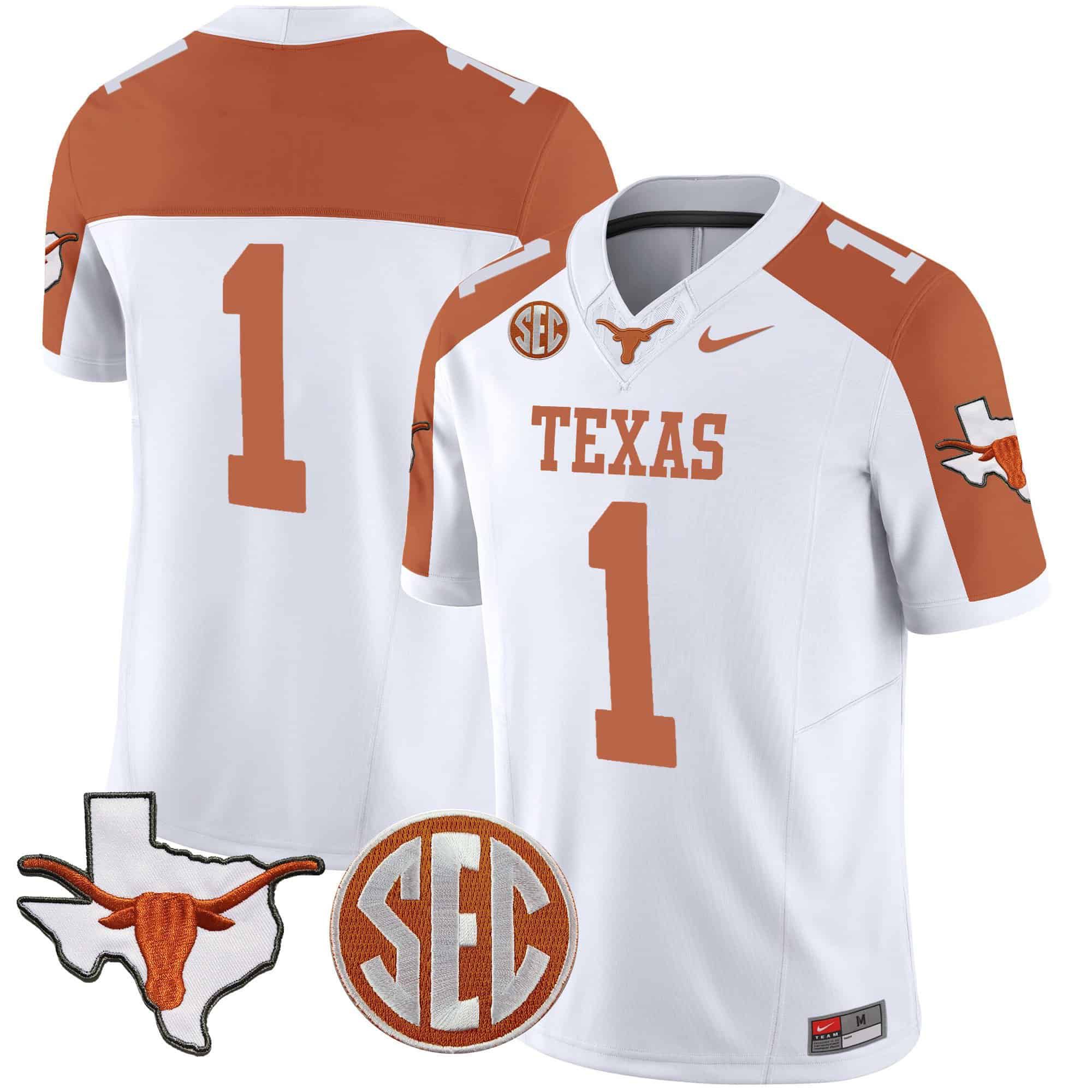 Men Texas Longhorns #1 No Name White 2024 Nike State Map & SEC Patch Vapor NCAA Jersey style 1